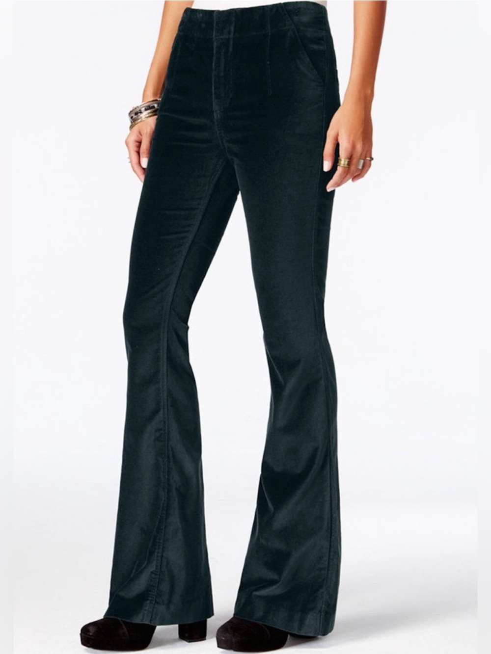 Free People Oxanna Jewel Green Stretch Velvet Flared Pants Size 25 EUC